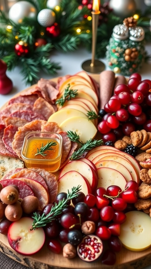 A festive charcuterie board with meats, cheeses, fruits, and nuts, set against a holiday backdrop.